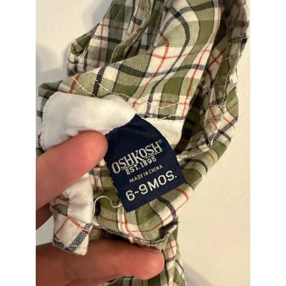 OshKosh Green Plaid Short Overalls Size 6/9 M 100% cotton